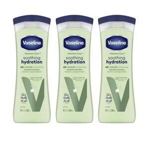 3 Vaseline Intensive Care Lotion, Soothing Hydration + Aloe, Dry Skin, 10 oz. Ea